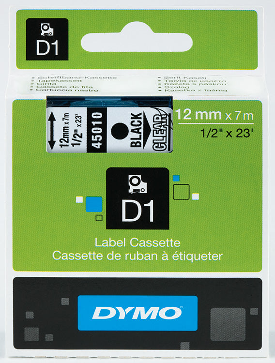 Merkintäteippi Dymo D1 12 mm x 7 m musta teksti läpinäkyvällä pohjalla