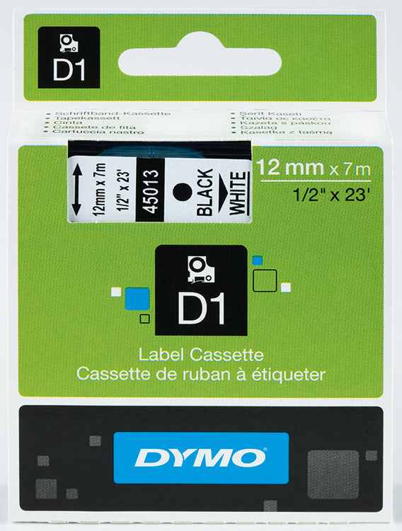 Merkintäteippi Dymo D1 12 mm X 7 m musta teksti valkoisella pohjalla