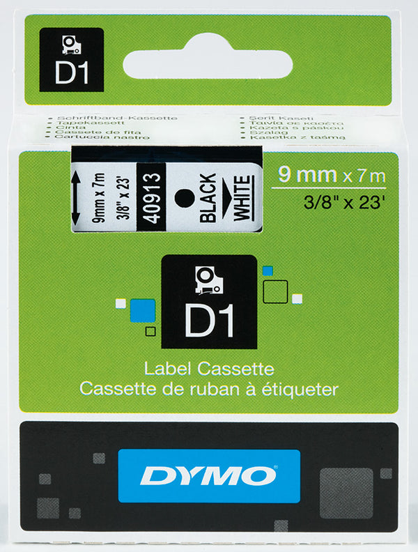 Merkintäteippi Dymo D1 9 mm X 7 m musta teksti valkoisella pohjalla